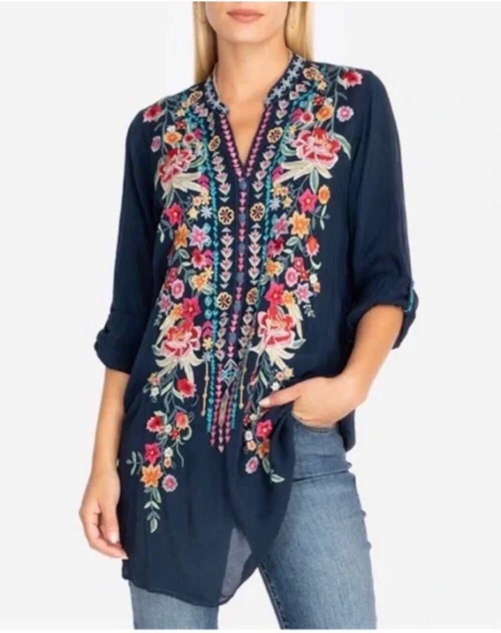 Johnny Was Annette Tunic Navy Floral Embroidered Top XL NWT Bastille Blue
